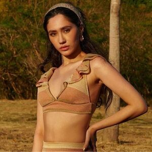 NWT WET‎ The Addyson Ruffle Top Gold Metallic Stripe Wide Strap